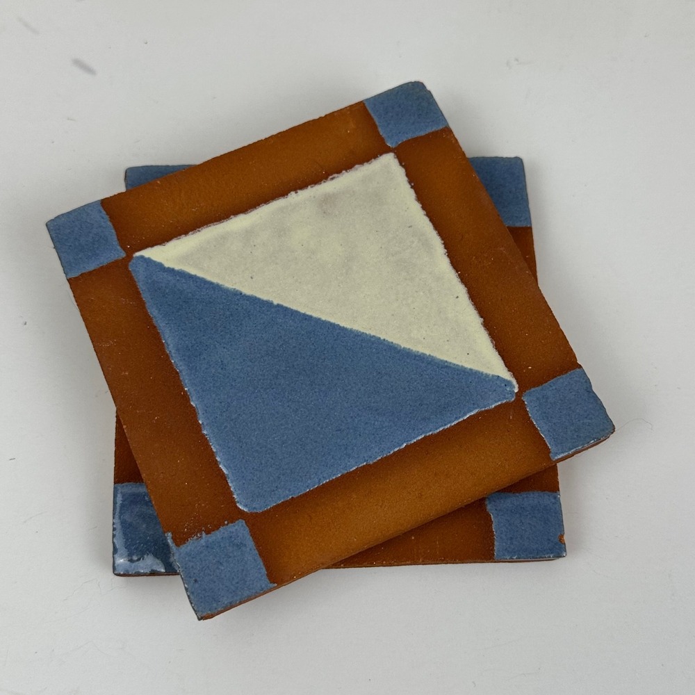 Southwestern Ceramic Tile Coasters Set of 2 Terracotta Blue Geometric Boho